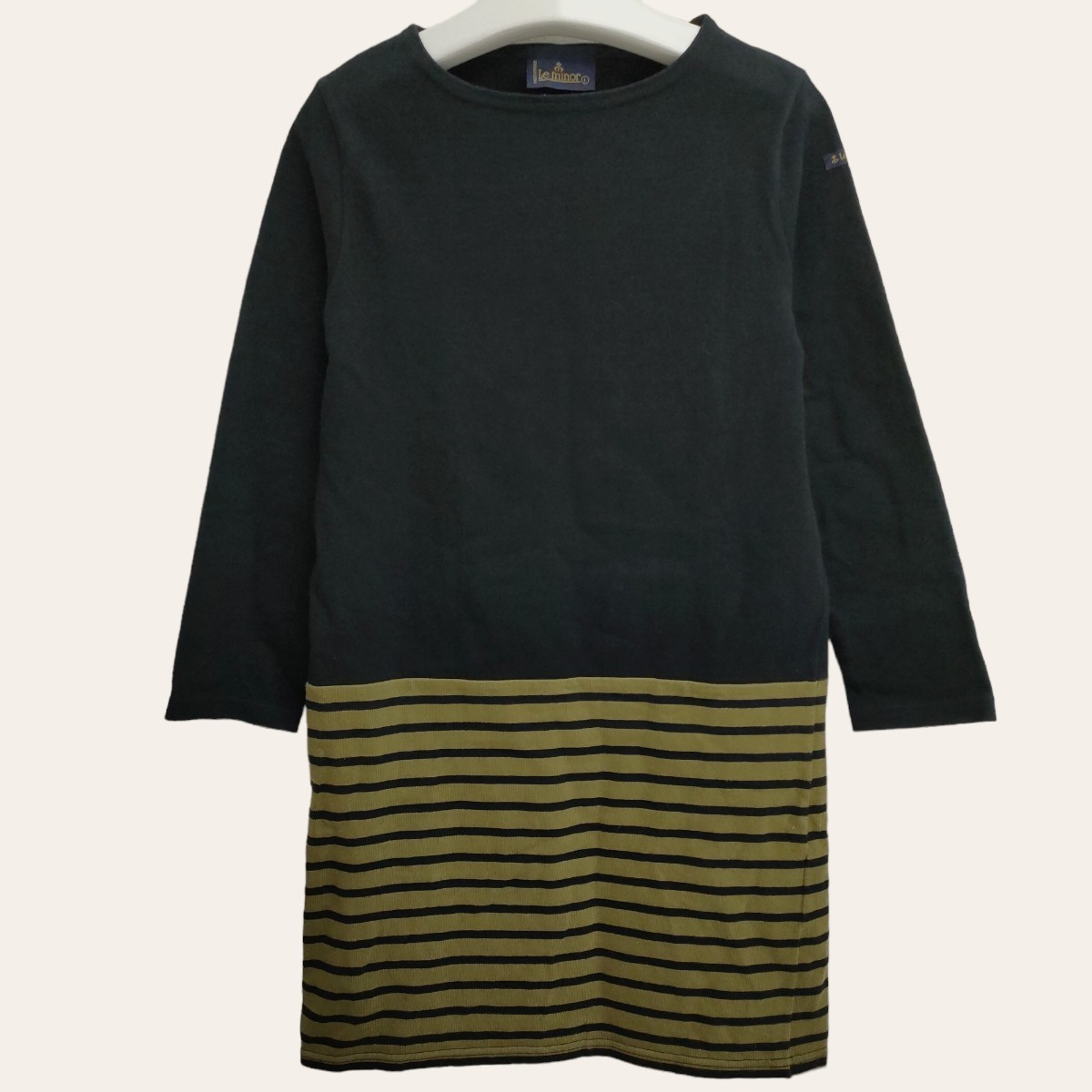 [ France made ]Le minor / Le Minor lady's long sleeve COTTON border pattern tunic One-piece 1 size (S-M corresponding ) black × olive I-2841