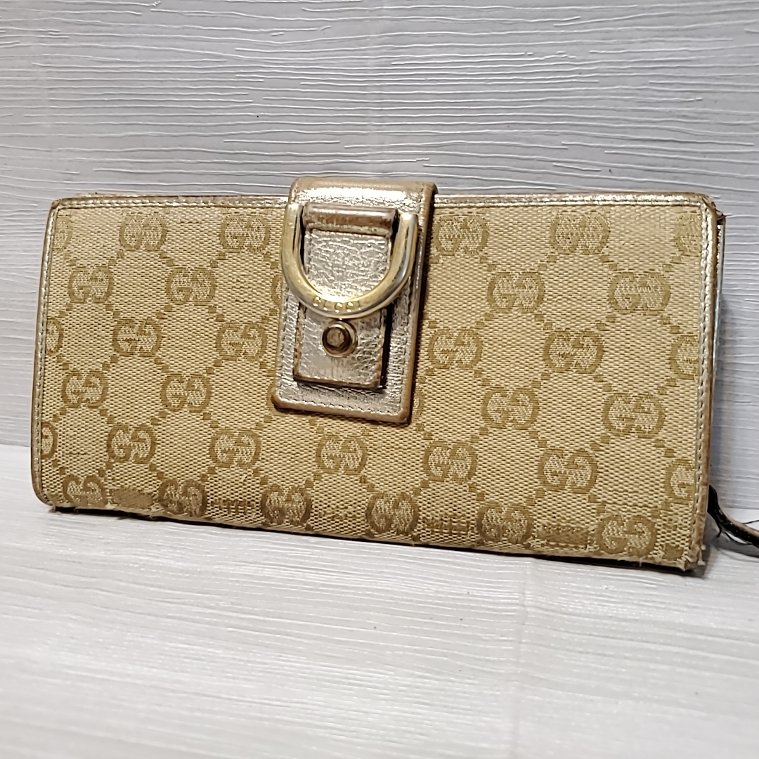 989 GUCCI グッチ インターロッキング シマレザー 長財布 ベージュ-