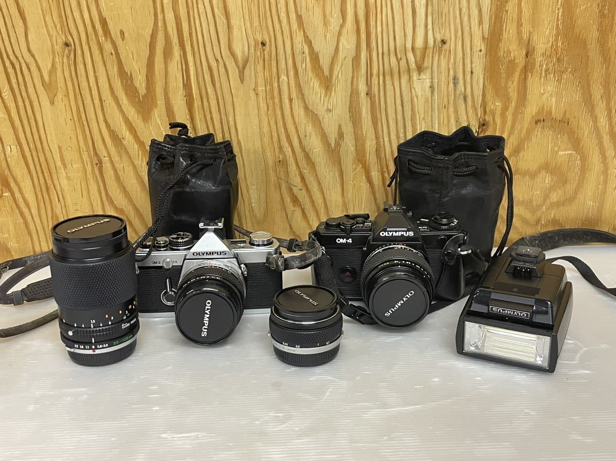 【まとめて4点】オリンパス フィルムカメラ OLYMPUS カメラレンズ フラッシュ OM-2 OM-4 T32 35〜105mm 50mm SL-39（小）