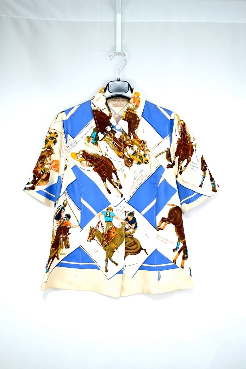 新品 HERMES PARIS Silk Shirt エルメス ヴィンテージ レディース シルク 100% 半袖シャツ 総柄 サイズ 40_画像1