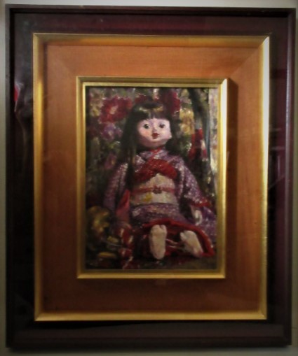 中馬英二「和」お人形さんの油彩画・木製額・ガラス面　美細絵