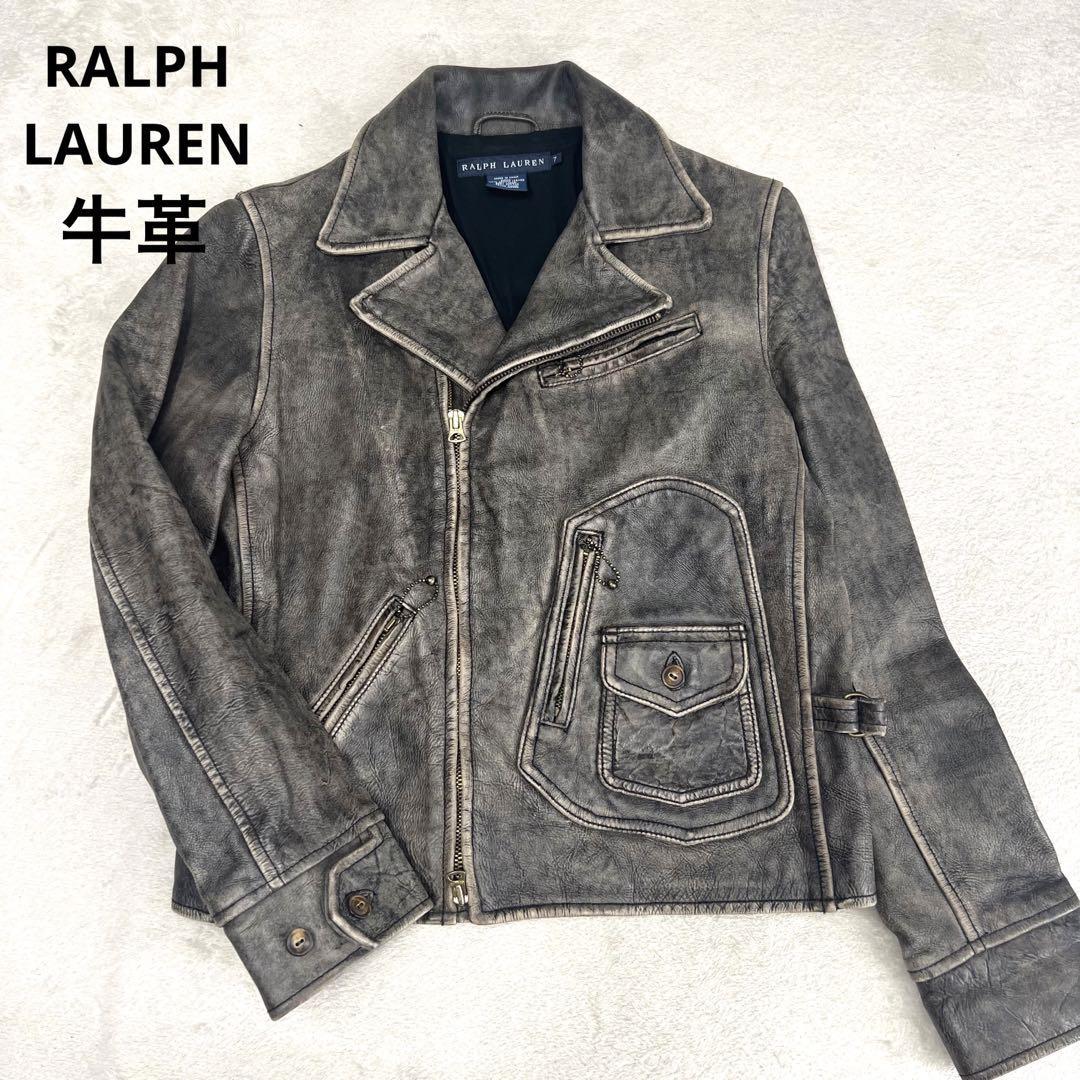 ラルフローレン Ralph Lauren ダブル レザー ライダースジャケット　レディース　S　大きめ　牛革　ヴィンテージ　加工