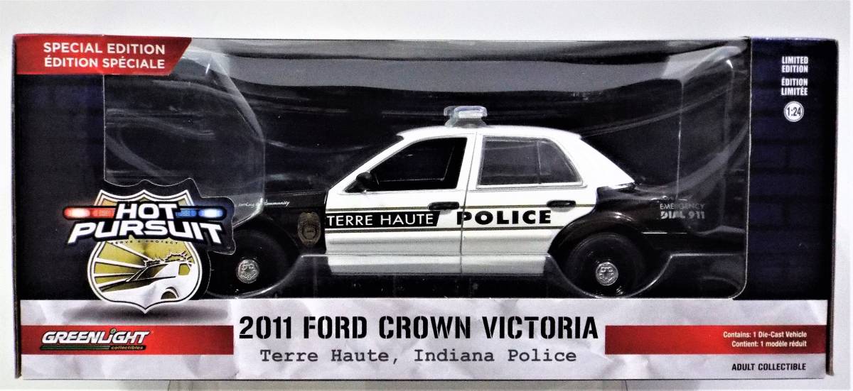 【グリーンライト】1/24 フォード クラウン ヴィクトリア 2011年 インディアナ州パトカーのダイキャスト製ミニカー（商品ナンバー84124）_専用パッケージ入り。