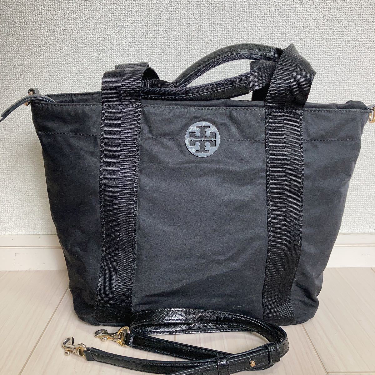 Tory Burch Tory Burch lady's 2way shoulder bag tote bag handbag black black nylon Logo one Point brand 