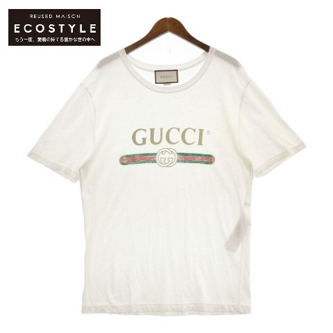 GUCCI グッチ ホワイト 440103 GUCCI ロゴ ウォッシュドオーバーサイズ Tシャツ ホワイト L トップス コットン メンズ 中古