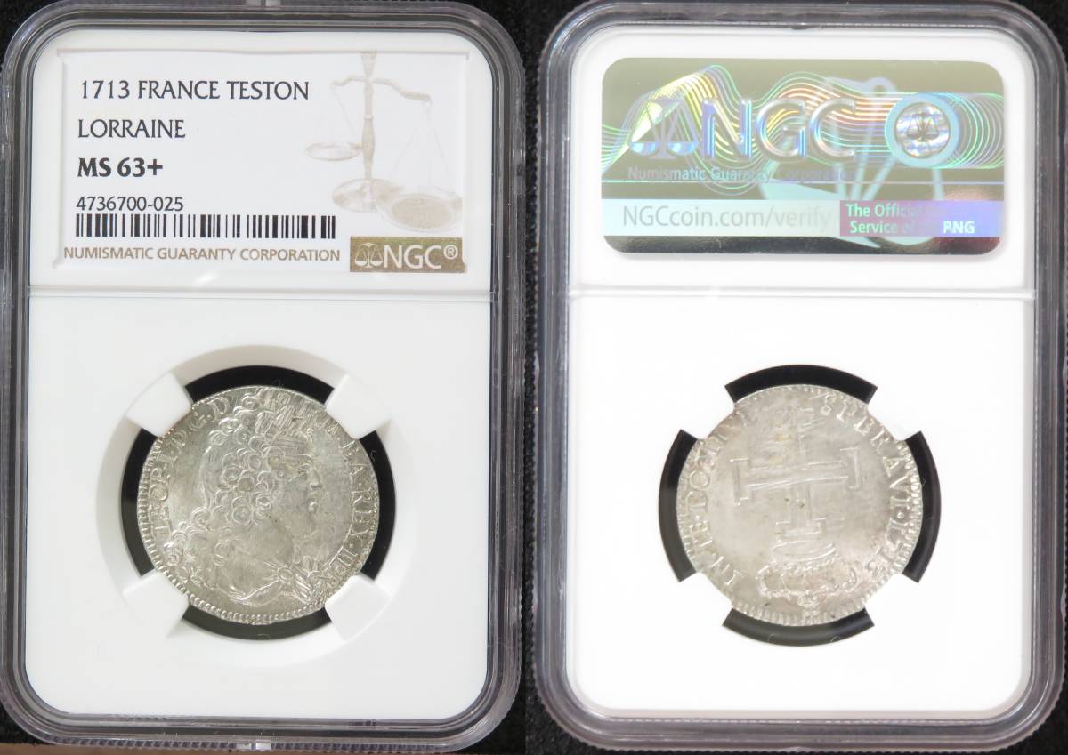 1713年 MS63+ テストン 銀貨 フランス ロレーヌ公国 レオポルト1世 十字架 NGC 鑑定 未使用 UNC TESTON LORRAINE 貨幣_画像4