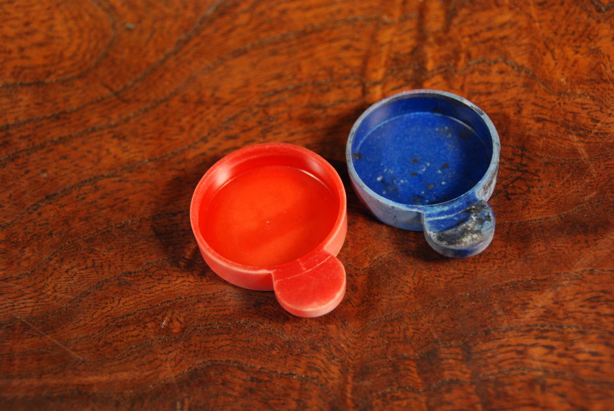 昭和レトロ・ガラスのインク入れ・インクビン・赤青の蓋付の画像7