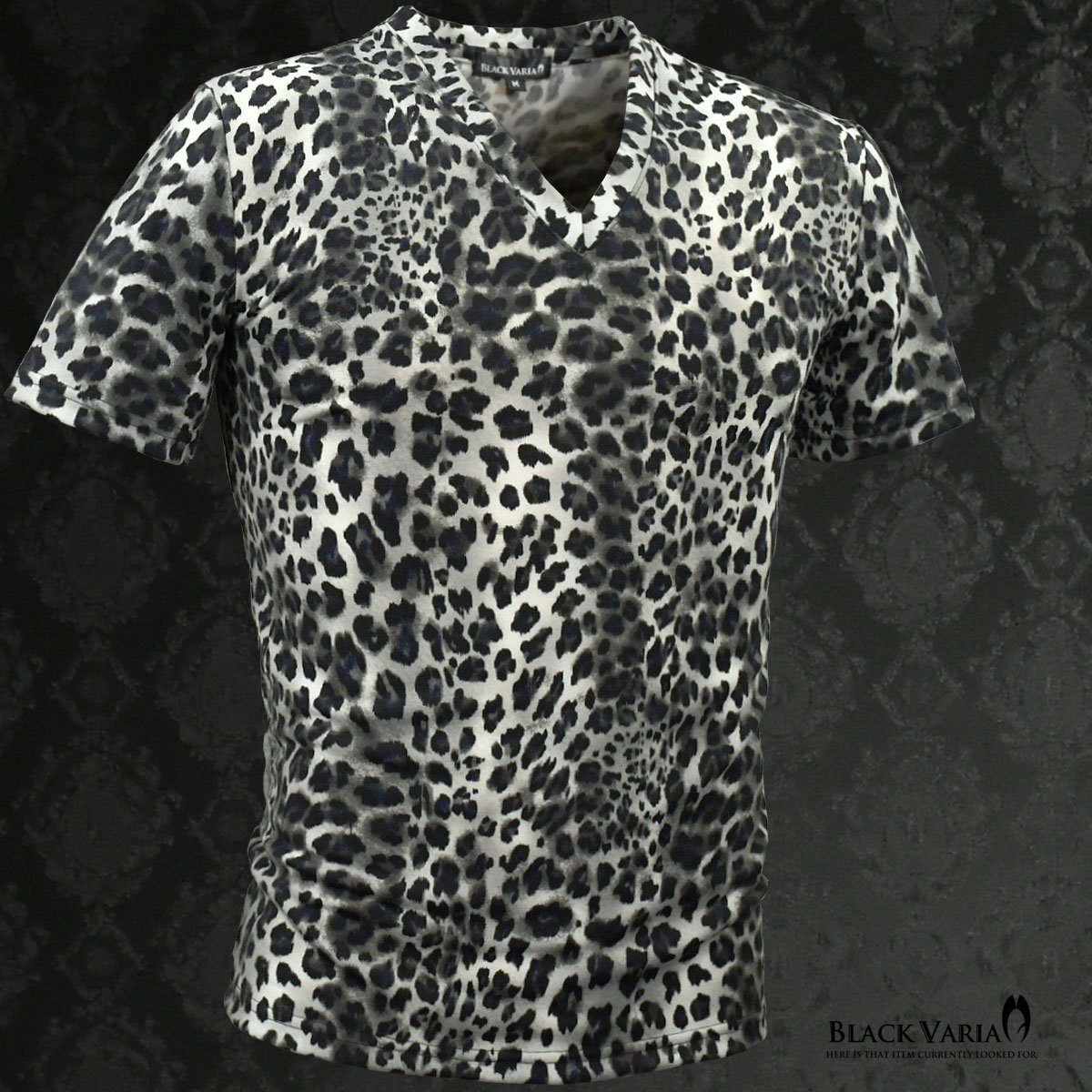 193802-gy ブラックバリア ヒョウ 豹 Vネック レオパード 日本製 スリム 半袖Tシャツ メンズ(ブラック黒グレー) 3L 総柄 アニマル 総柄_画像1