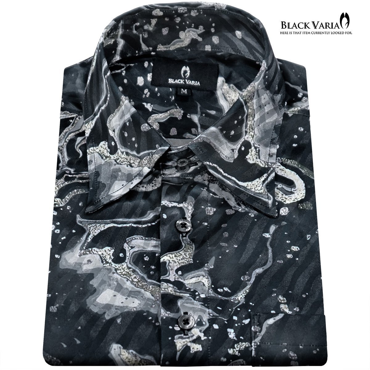 a231900-bk BlackVaria サテンシャツ ドゥエボットーニ 水面 波柄 ドレスシャツ 長袖レギュラーカラー ジャガード メンズ(ブラック黒) L_画像7