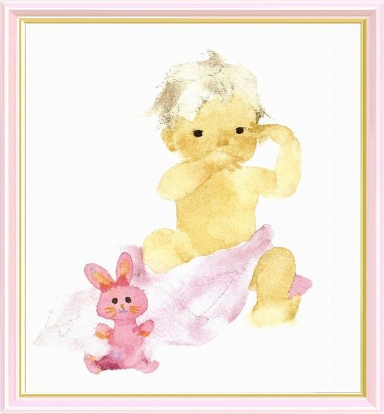 ◎いわさきちひろ『ピンクのうさぎとあかちゃん』複製画★人物画【新品】_画像1