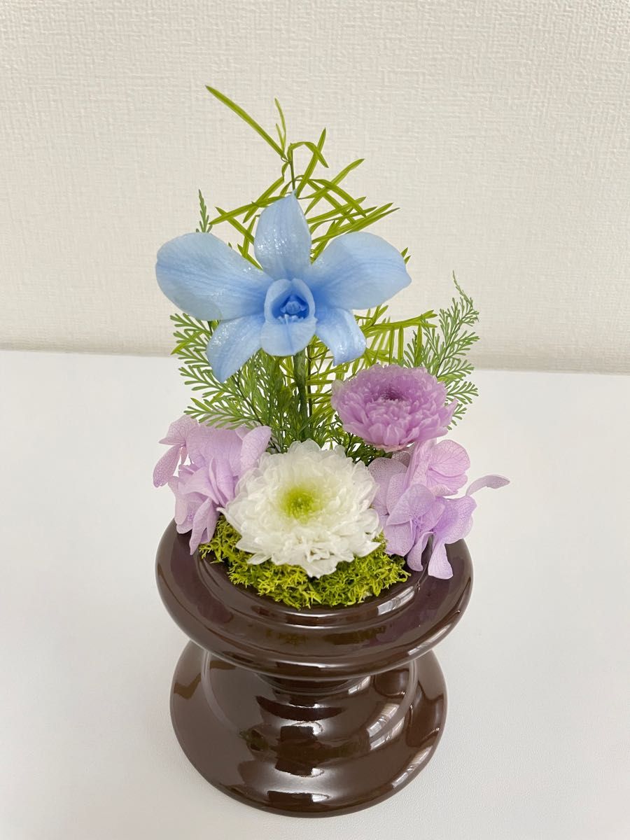 プリザーブドフラワー仏花 ガラスドーム入り 一対 ベビーブルーカラー-