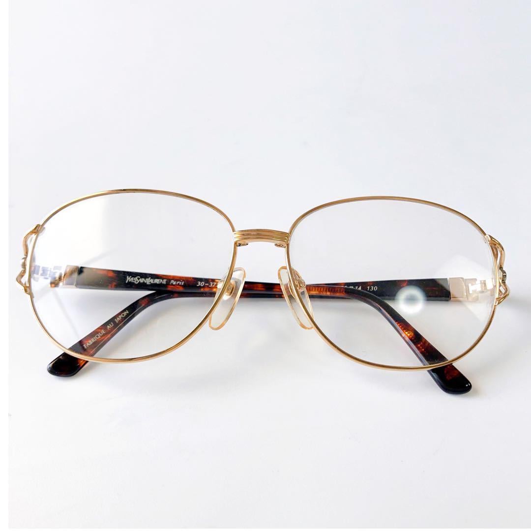 イヴ・サンローランYSL YVES SAINT LAURENT 度入り メガネ ゴールド フレーム 金具 ロゴ 小物 眼鏡 ブラウン ベッコウ サングラス