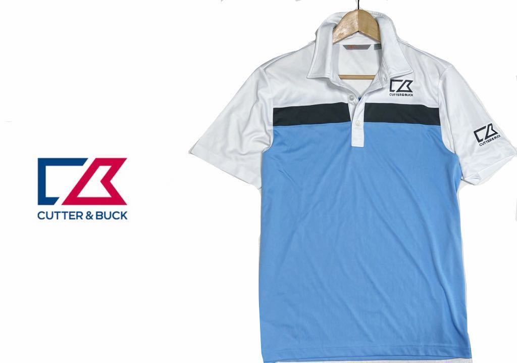 美品 デサント CUTTER & BUCK 半袖ポロシャツ メンズ Mサイズ ホワイト×サックスブルー　ゴルフウェア、送料370円_画像1
