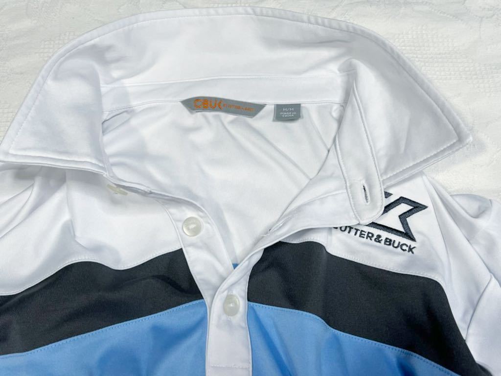 美品 デサント CUTTER & BUCK 半袖ポロシャツ メンズ Mサイズ ホワイト×サックスブルー　ゴルフウェア、送料370円_画像5