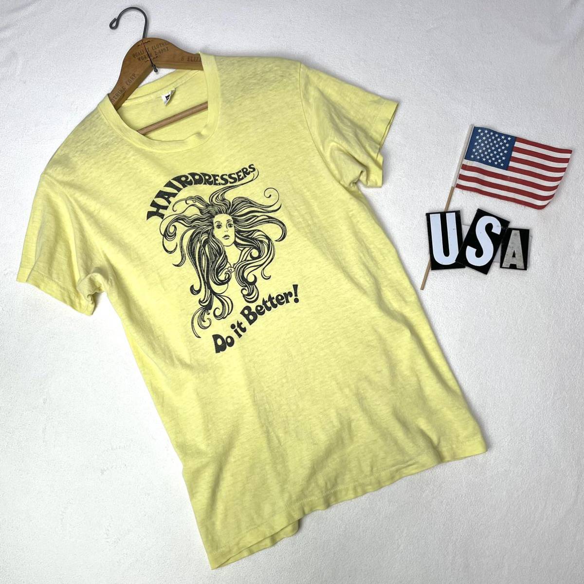 【状態良好】7０ｓヘインズ黒タグビンテージＴシャツＵＳＡ製アメリカ米国7０年代ヴィンテージＶＩＮＴＡＧＥ美容師半袖Tシャツ プリントT