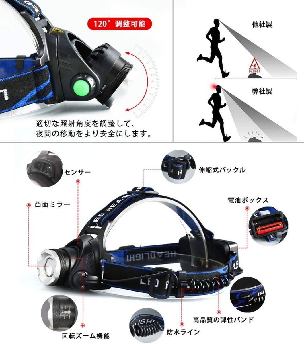 新品未使用・送料無料 LEDヘッドライト LED ヘッドランプ充電式 高輝度CREE T6 人感センサー充電式 LIGHT USB 充電式ヘッドライト 軽量_画像6