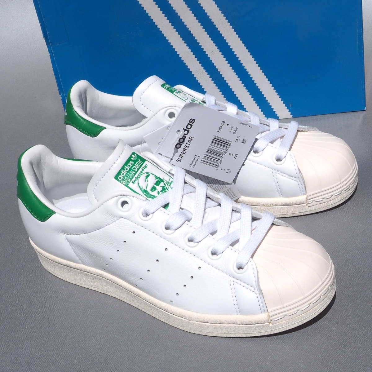 デッド!! 新品 19年製 22,5cm adidas SUPER STAR STANSMITH スーパースター スタンスミス 白x緑 天然皮革レザー FW9328の画像1