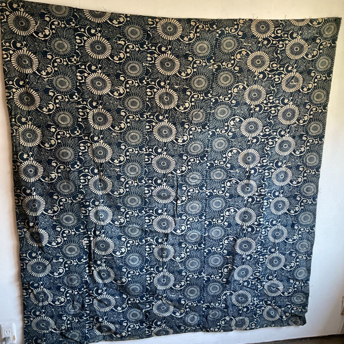 S10/初荷 時代 藍染 古布 厚手 型染め 170x160cm 木綿 手織 襤褸 古裂