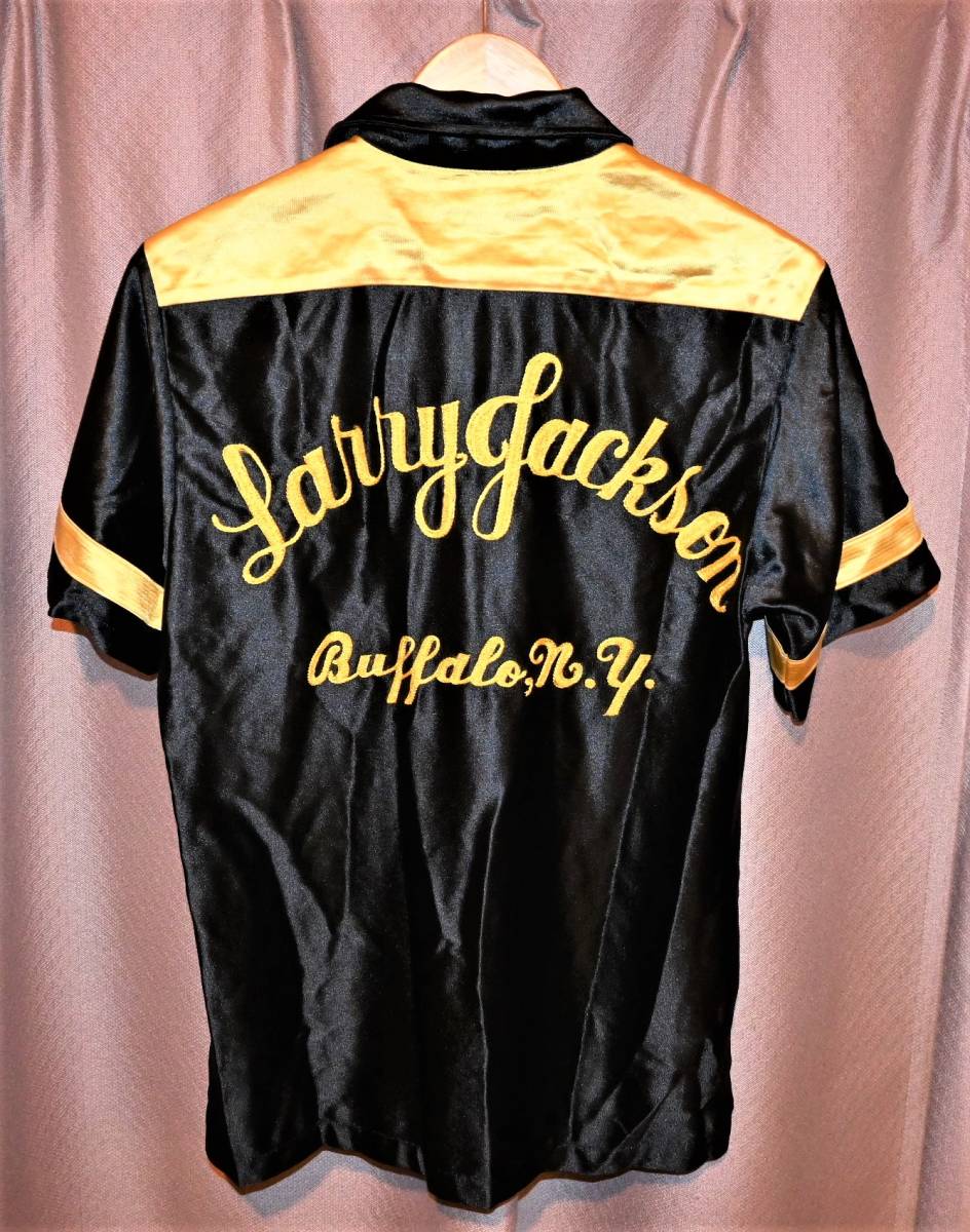 LANE MATE，PERMANENT PRESS USA製 ブラック×ゴールド サテン 刺繍 ボウリングシャツ M (LARRY JACKSON，Buffalo，n.y.bowling，ボーリング)
