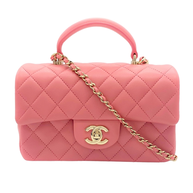 シャネル CHANEL トップハンドル ミニフラップバッグ AS2413 ピンク シャンパンゴールド金具 ラムスキン ハンドバッグ レディース 中古_画像1