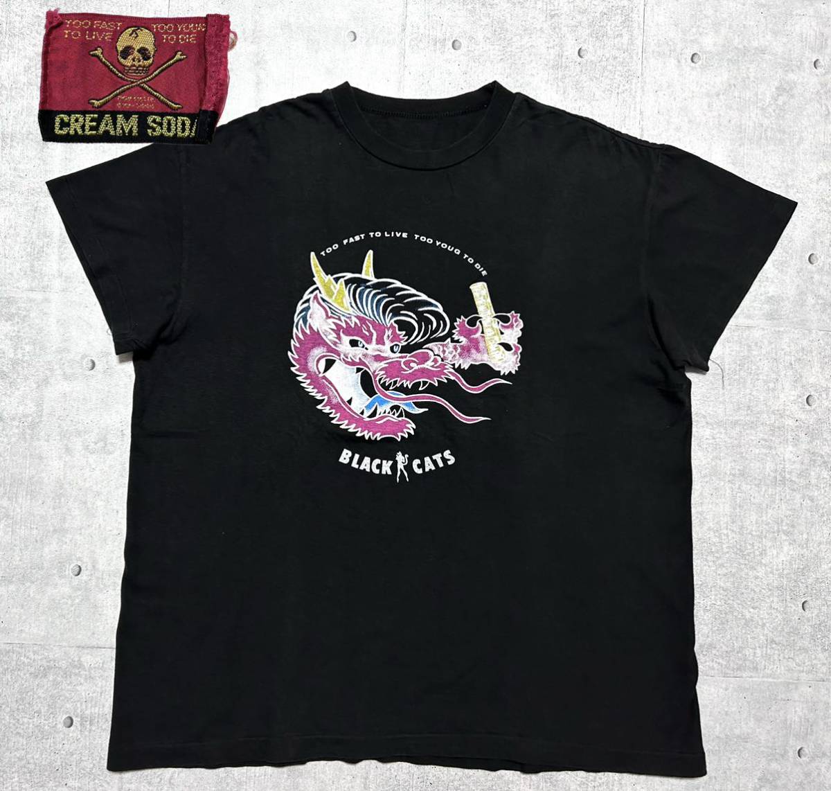 80s 当時物 美品 クリームソーダ 金タグ ブラックキャッツ Tシャツ 半袖　　ドラゴン CREAM SODA BLACK CATS 80年代 オールド 柳8083_画像1