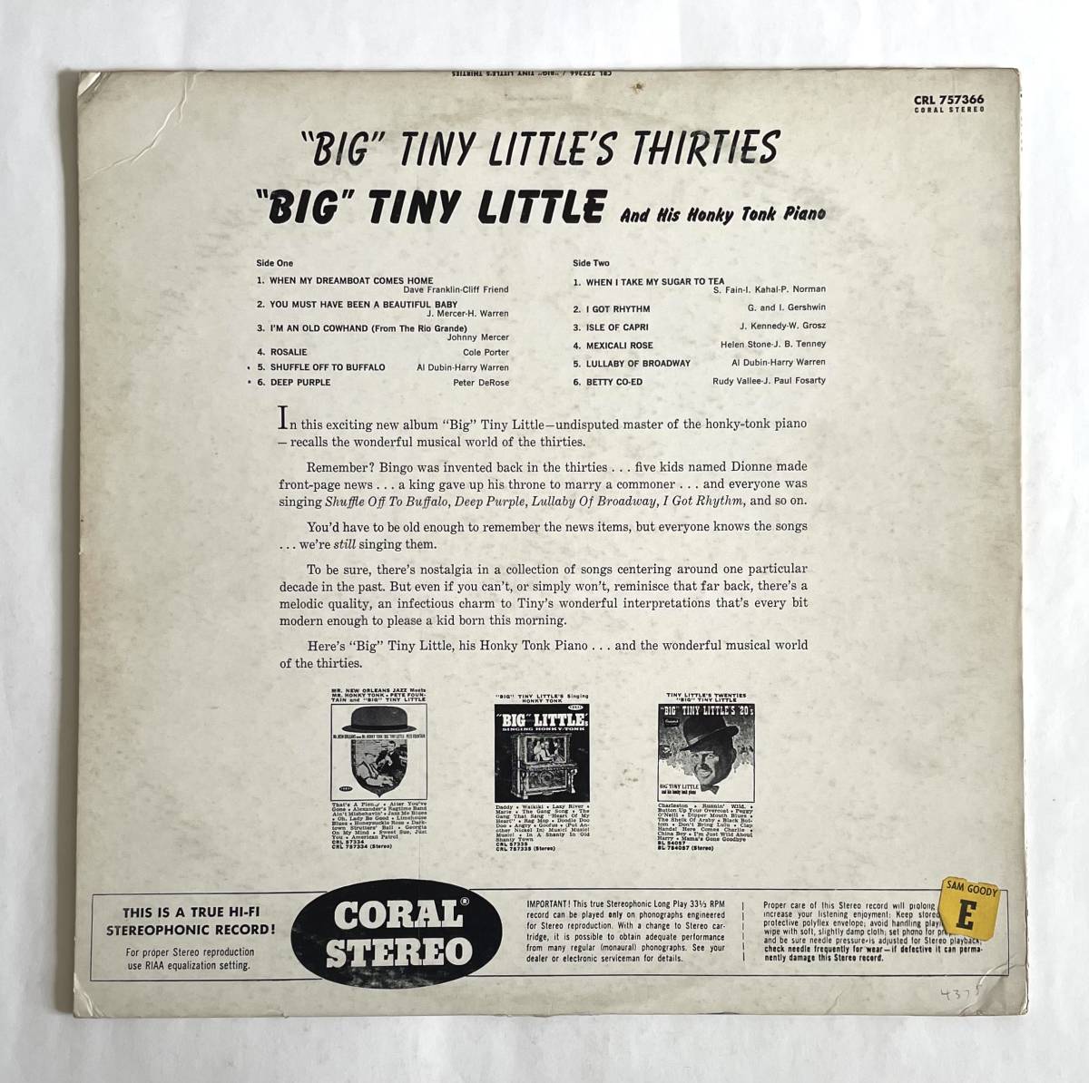 BIG TINY LITTLE'S THIRTIES 米盤オリジナル STEREO CORAL CRL-75366 LPレコード 1961年★US ビッグ・タイニー・リトル ラグタイム・ピアノ_画像2