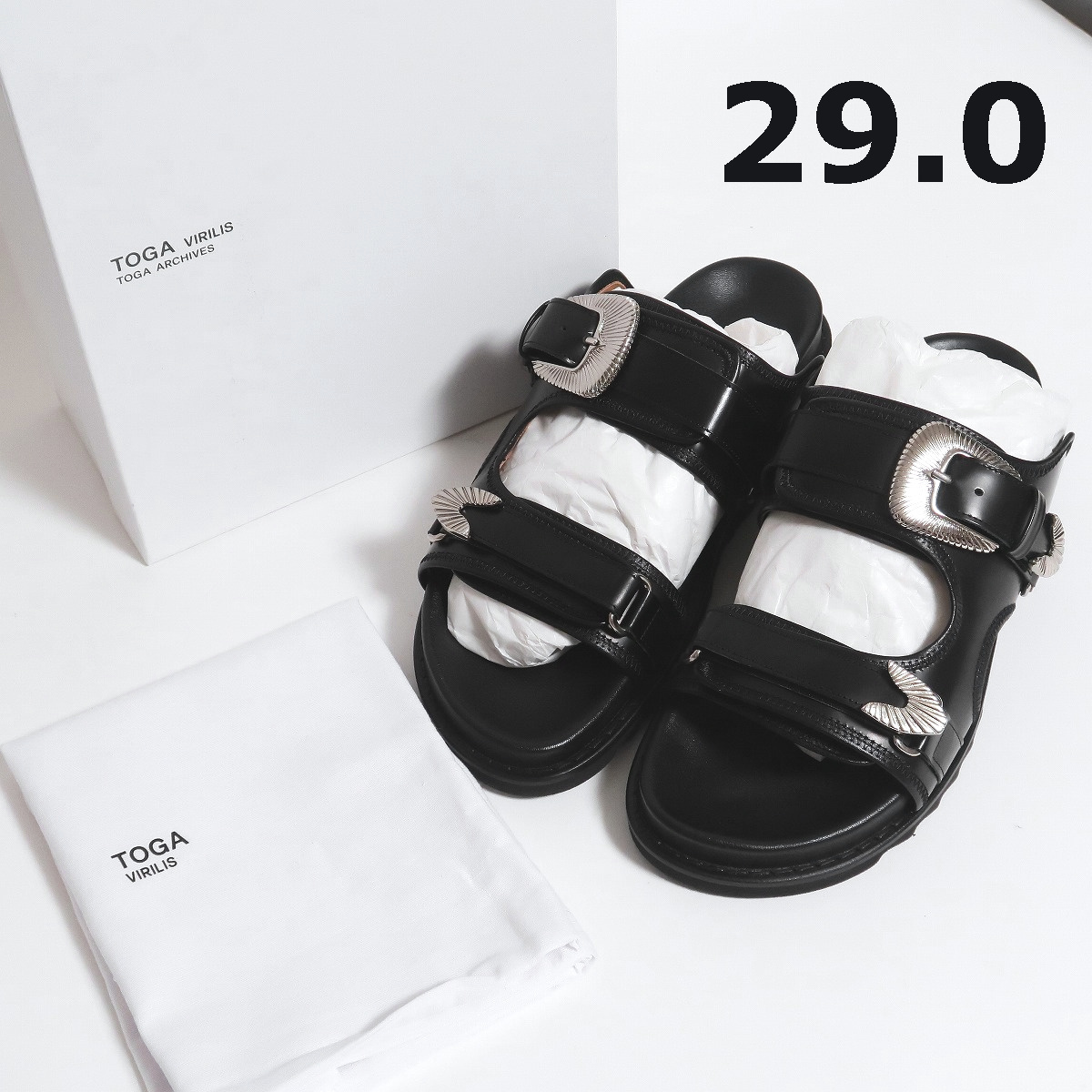 29 新品 TOGA VIRILIS ベルト レザー シャーク サンダル メタル トーガビリリース ブラック メタル バックル