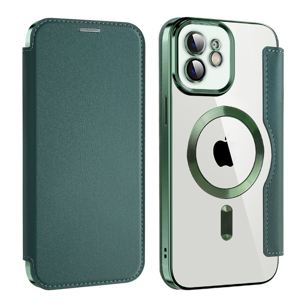 iPhone 12 clear case iPhone 12 leather case iPhone12 case iPhone 12 cover transparent MagSafe charge notebook type green 