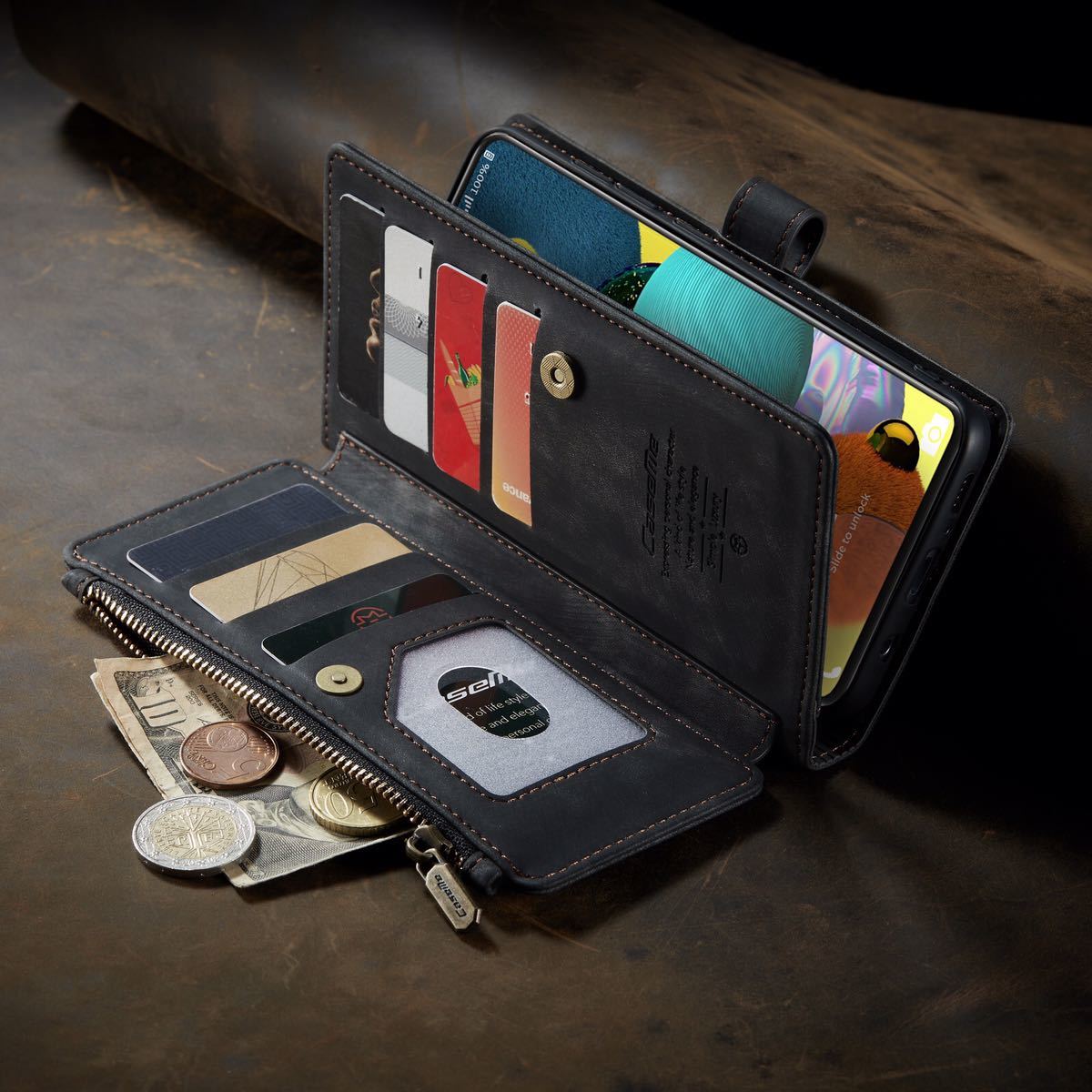 Galaxy A51 レザーケース ギャラクシー A51 ケース Galaxy A51 カバー SCG07 SC-54A カード収納 手帳型 お財布付き ストラップ付き 黒_画像7