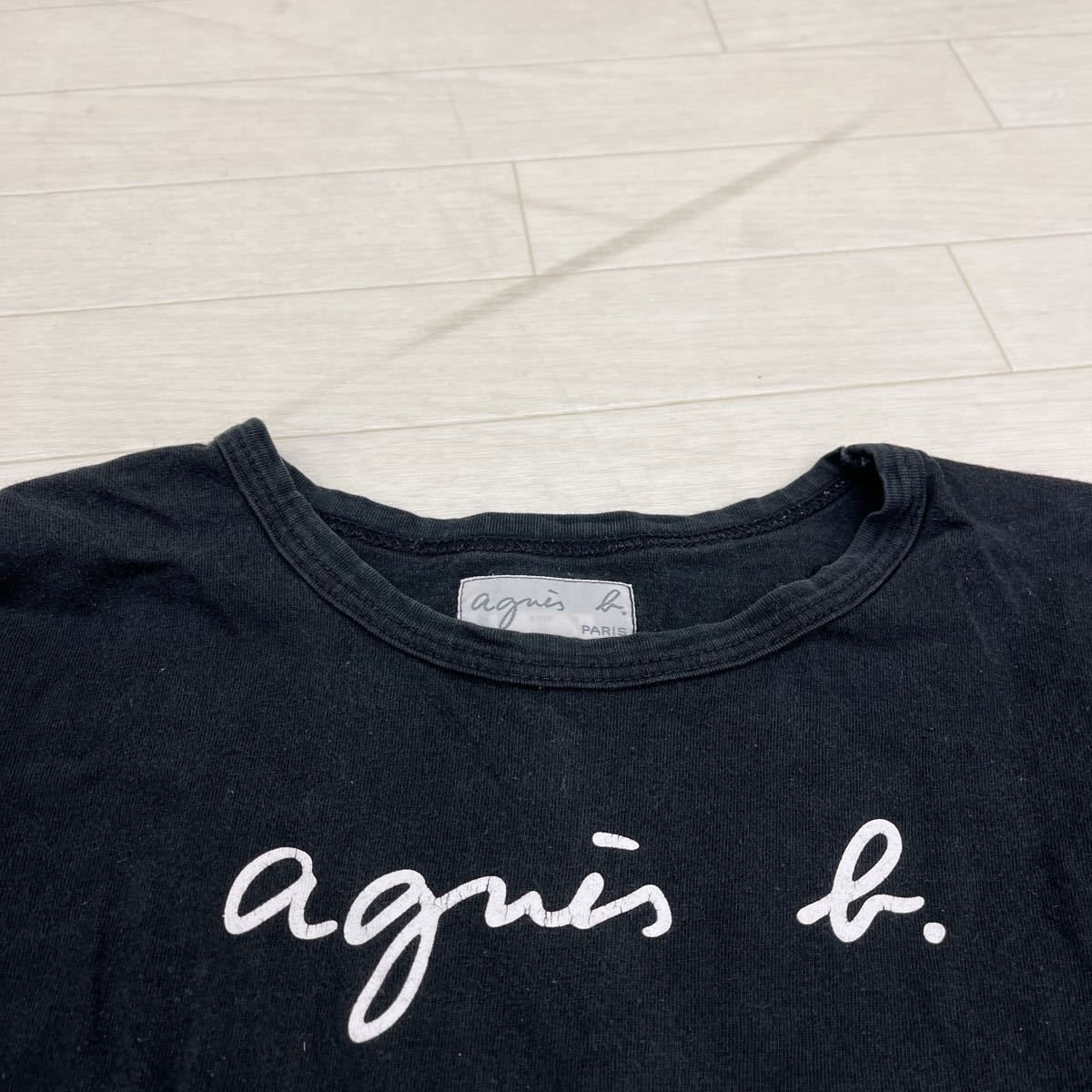 1142◎ 日本製 agnes b. アニエスベー トップス tシャツ カットソー 長袖 クルーネック ロゴ プリント ブラック レディース_画像4