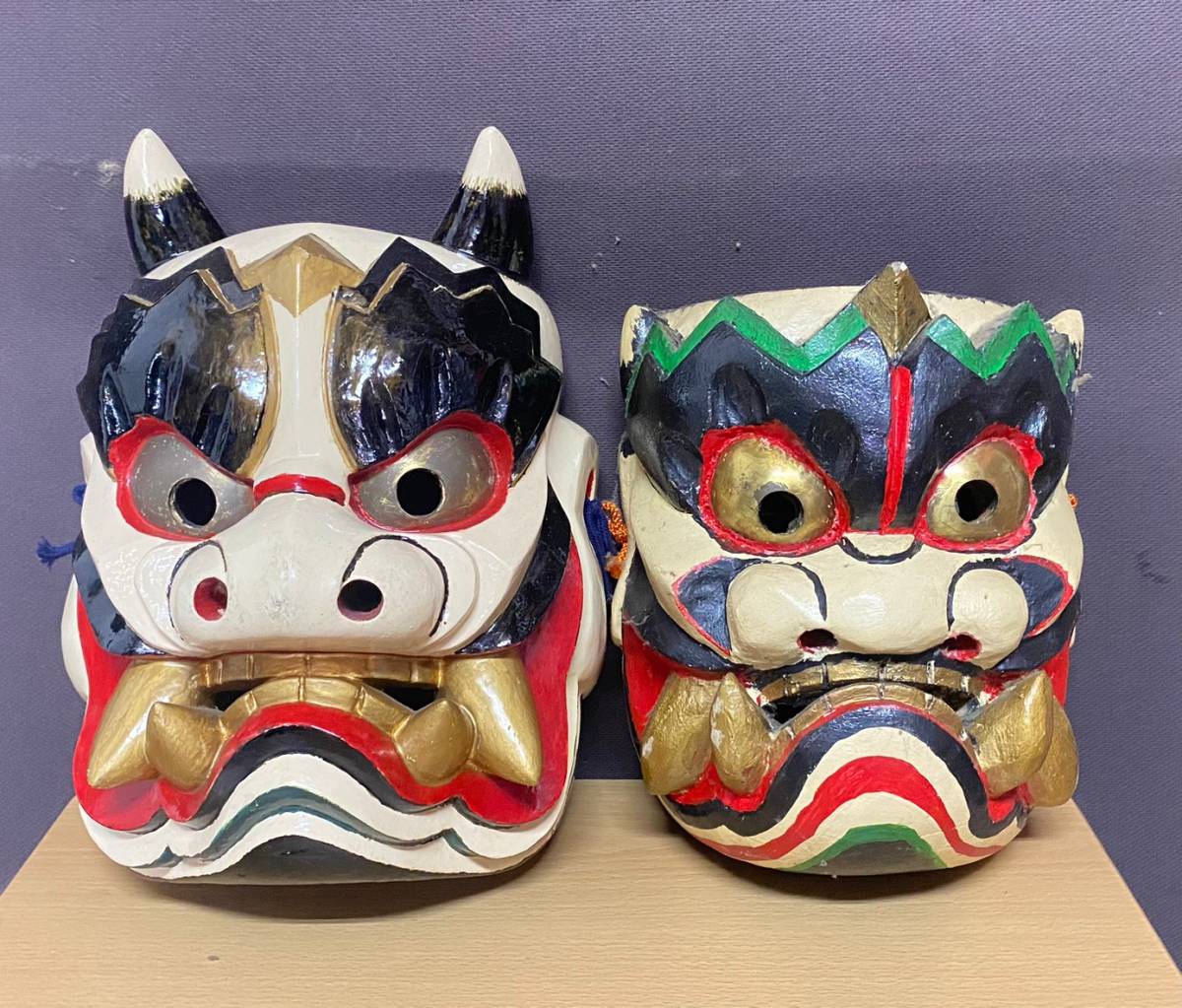 ☆1円出品〜備中神楽面 建御名方命 平八作 洋ニ作 聖祐 木彫 お面 刻印
