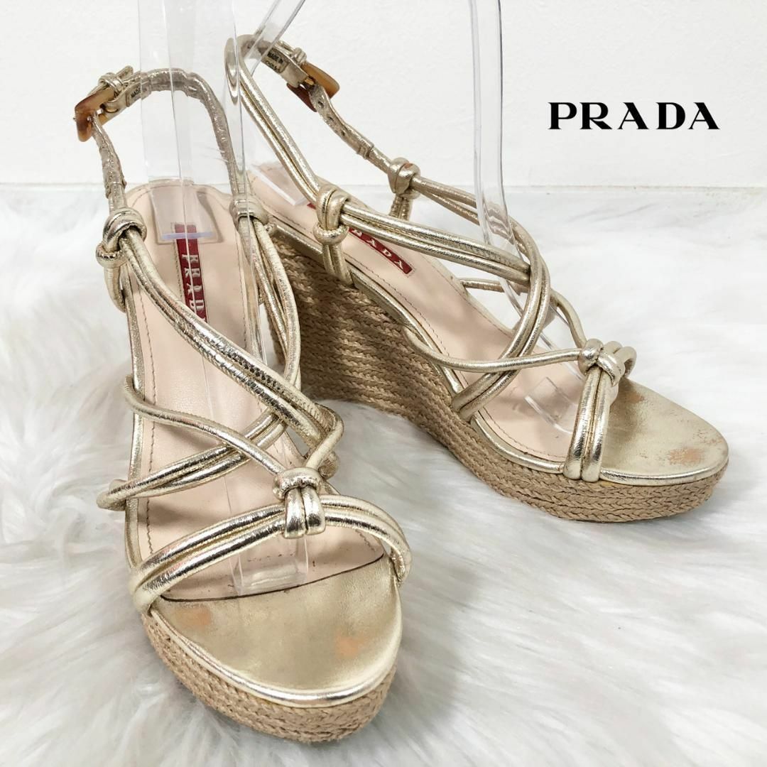 希少 黒入荷！ レザー プラダ PRADA サンダル ウェッジソール ゴールド