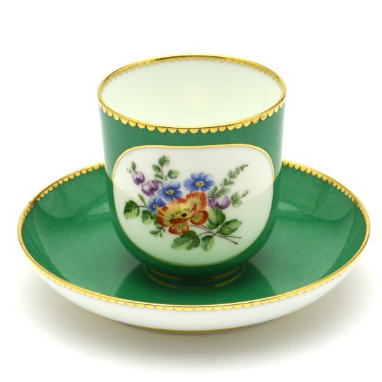 人気激安 コーヒーカップ＆ソーサー 軟質磁器 超希少 セーブル(Sevres) カラーブル(Vert-5) 新品 手描き 十八世紀の彩色地花文様 コーヒーカップ