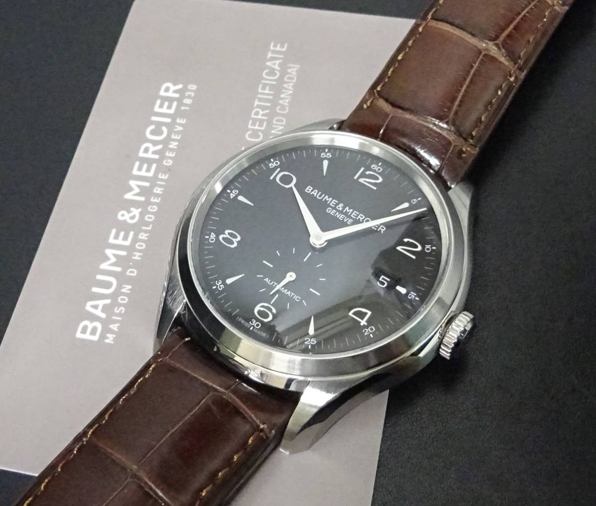 美品 BAUME&MERCIER ボーム&メルシエ クリフトン MOA10053 黒文字盤 メンズ 自動巻 国際保証書あり 純正内外箱あり 本物_画像1