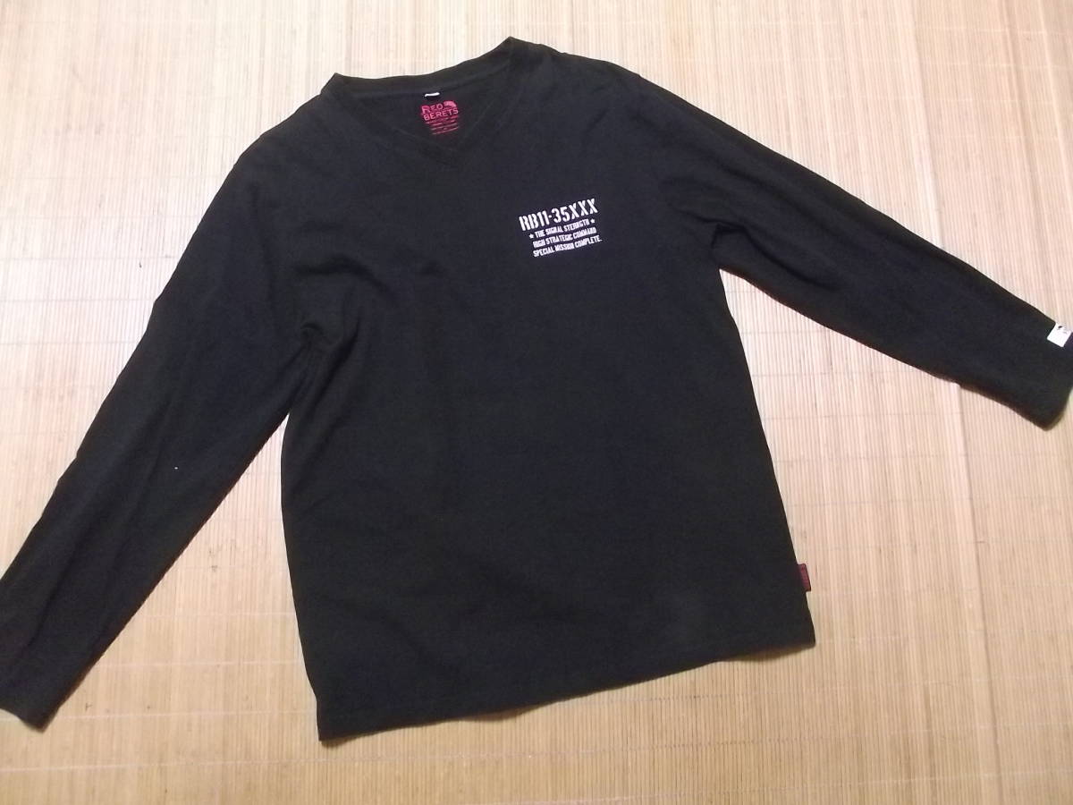 大きいサイズ　黒　RED BERETS　長袖　Vネック　Tシャツ　ロンT　釣り　フィッシング_画像1