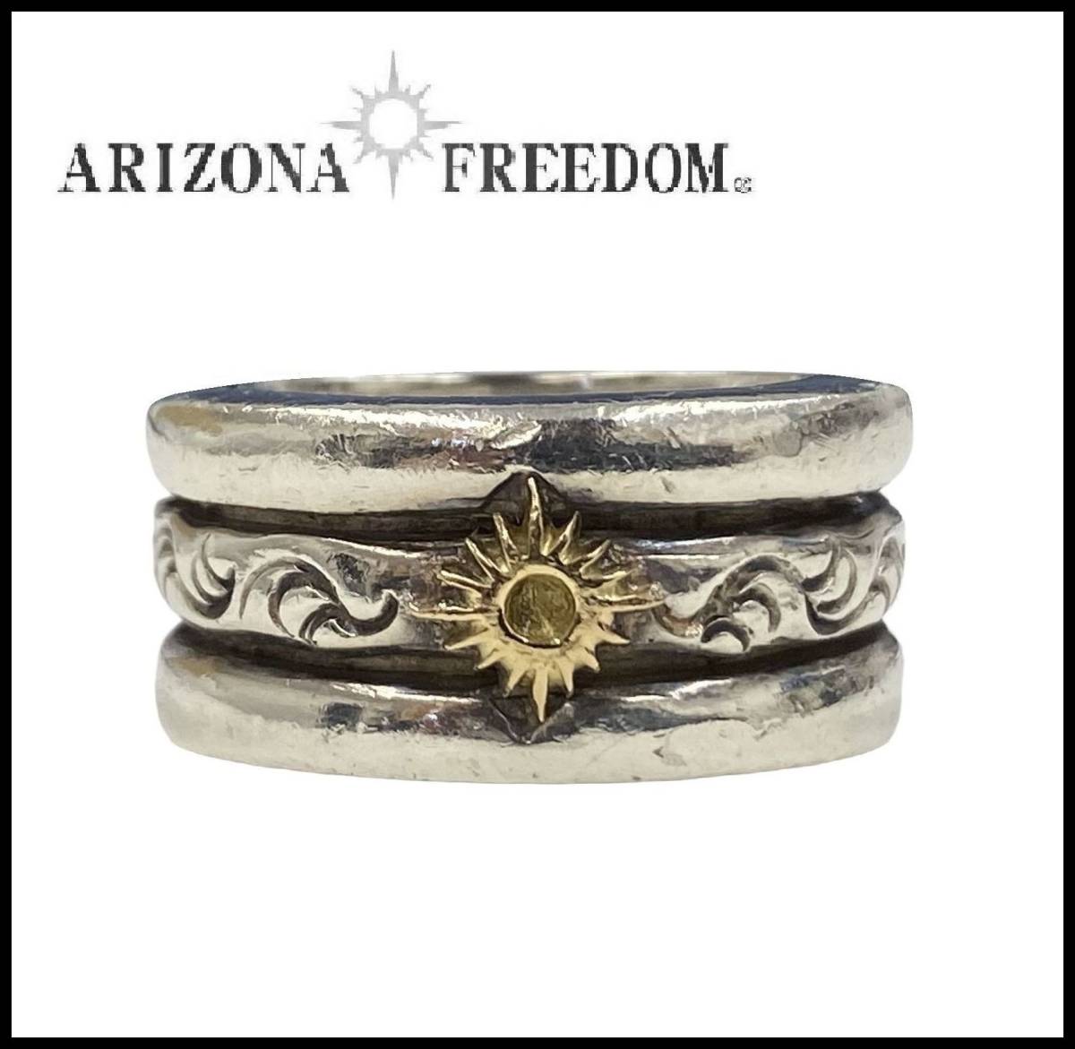 ARIZONA FREEDOM アリゾナフリーダム R-64 K18 太陽神 シルバー 925 10mm 3連 三連 唐草 アラベスク リング 指輪 7号 フェザー イーグルのサムネイル