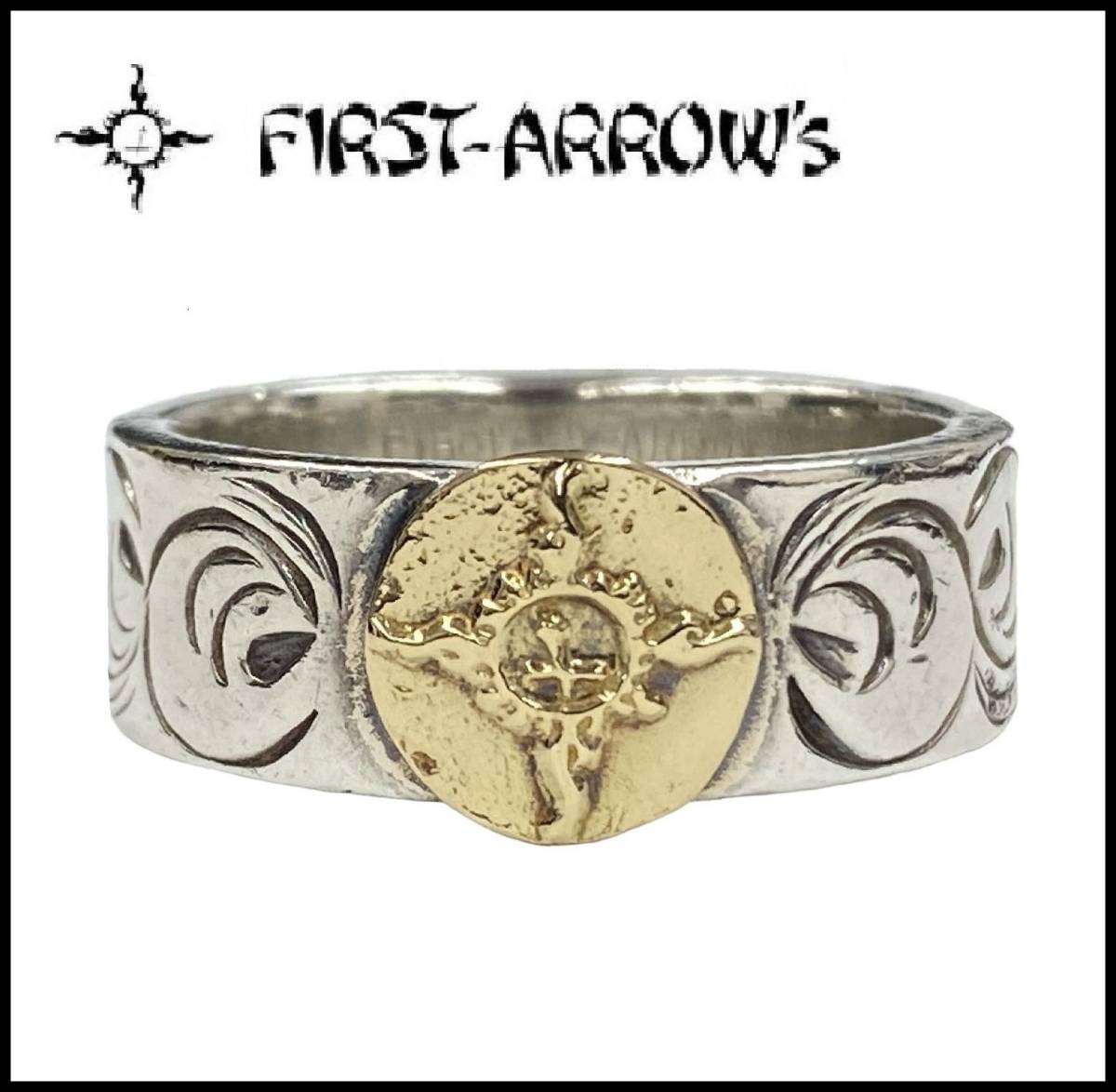 FIRST ARROW'S FIRST ARROWS ファーストアローズ K18 太陽神 メタル インゴット 唐草 カラ草 平打ち リング 指輪 16号 イーグル フェザー