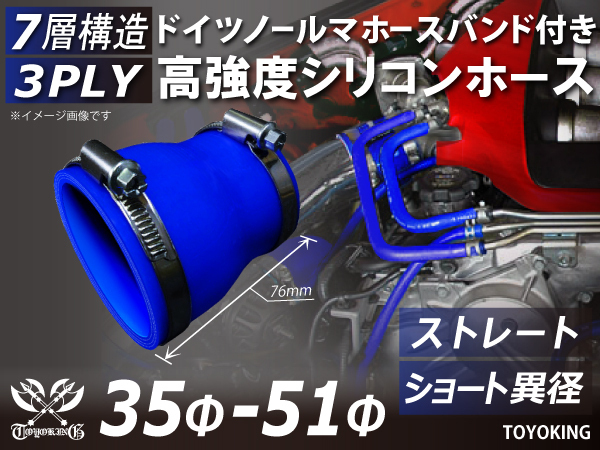 バンド付 高強度 シリコンホース ショート 異径 内径35Φ⇒51Φ 全長76mm 青色 接続 工業用ホース 汎用品_画像1