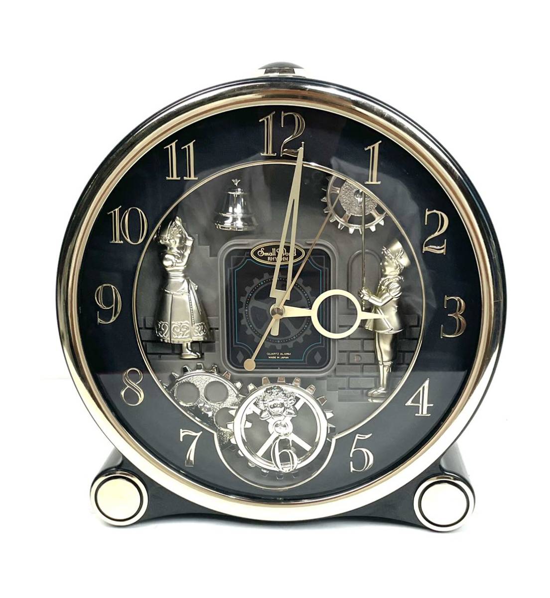 ●希少 Small World スモールワールドワーカー メロディ4曲入 置時計 クオーツ時計 黒メタリック色 置き時計 目覚まし時計（4RE541RH02）●