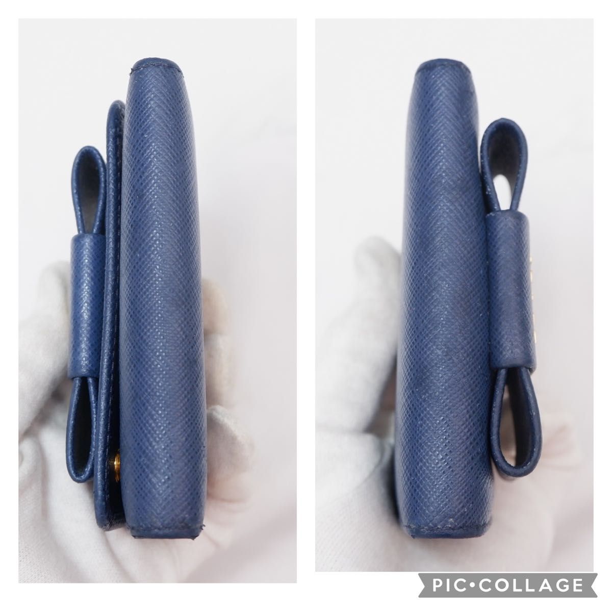 美品 PRADA キーケース 6連 リボン サフィアーノ 金ロゴ ネイビー
