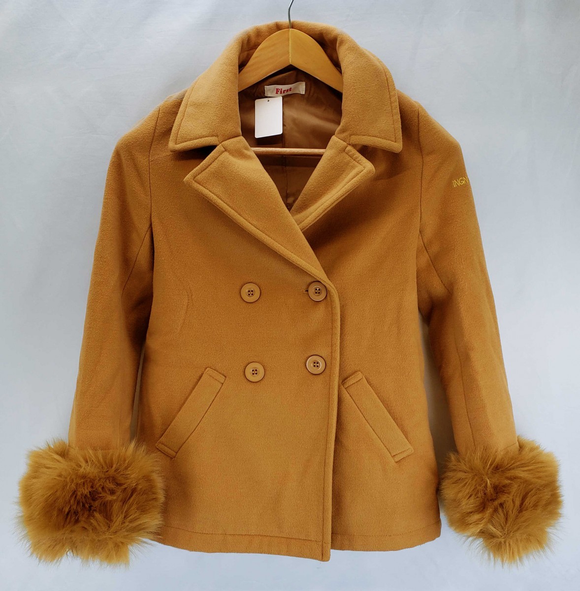 oc0140 б/у INGNI FIRST крыло First пальто 140 Brown двойной теплый Logo модный симпатичный девочка популярный мех зима есть перевод 