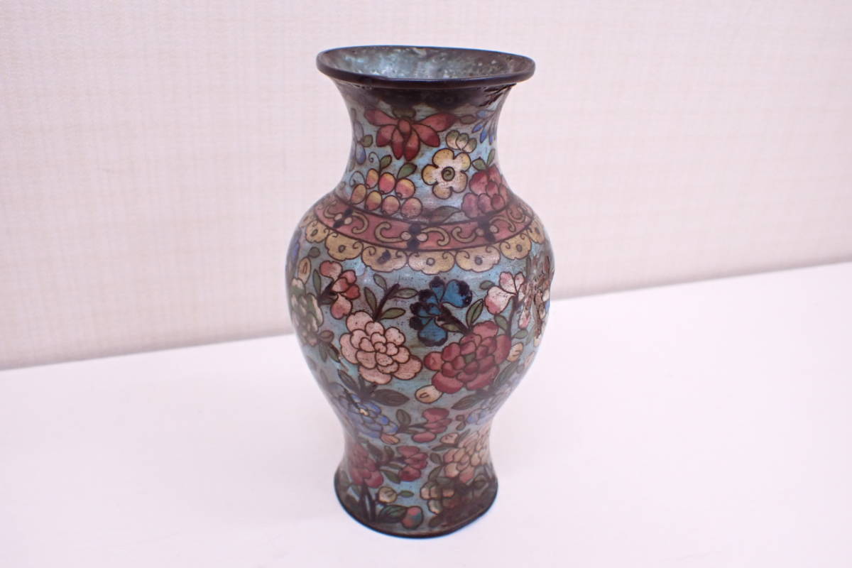 中国美術中国古玩銅地花紋七宝焼七宝細工花瓶高さ約16cm 時代物