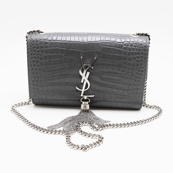 [ б/у товар ] Yves Saint-Laurent сумка на плечо Kate кисточка маленький крокодил en Boss кожа серый 474366