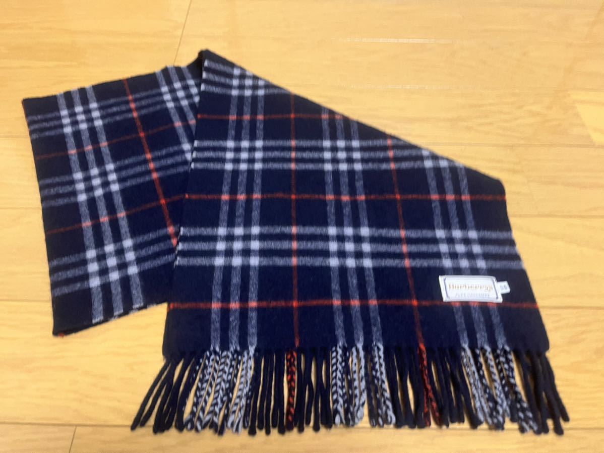 BURBERRY バーバリー マフラー カシミア100％ ネイビー系 美品-