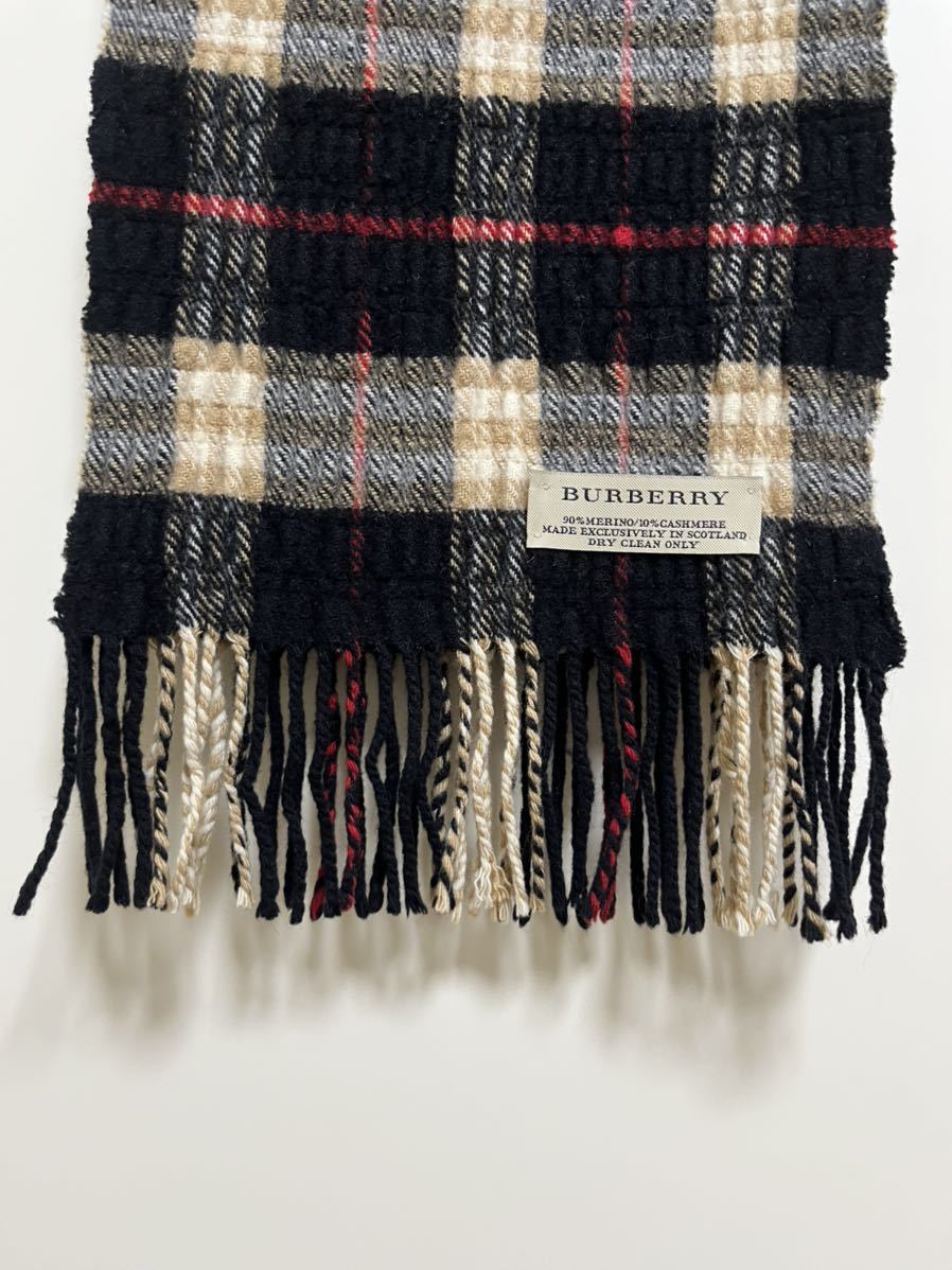 BURBERRY バーバリー マフラー メリノウール90% カシミヤ10% 細長マフラー ブラック 立体的 送料無料