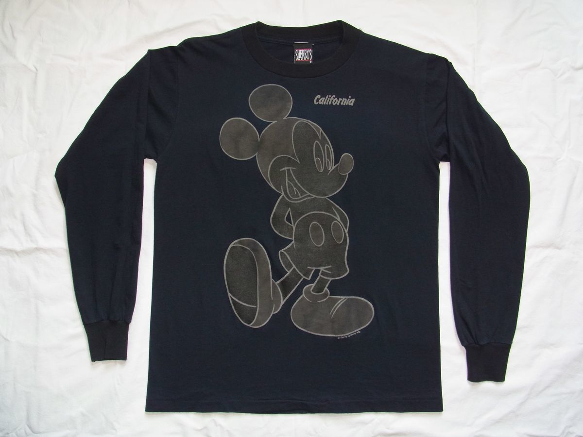 ☆ 90s USA製 ビンテージ MICKEY MOUSE ミッキーマウス モノトーン 両面プリント 長袖 Tシャツ sizeM 黒 ☆古着 ロンT Disney 80s オールド_画像1