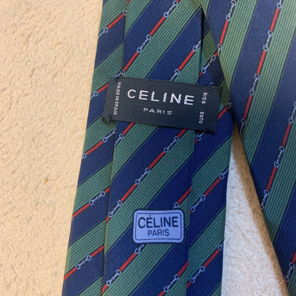 CELINE PARIS Celine necktie green × navy PURE SOIE