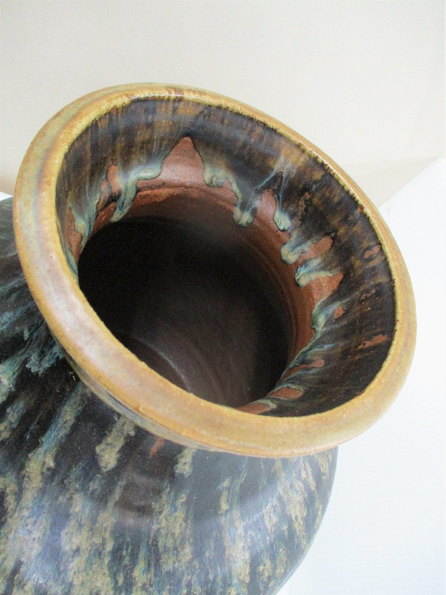 【高額売筋】 ☆ 美 自然釉がきれいな壺 直径30x高さ40cm 黒茶 花器 壺 94577 花器、壷