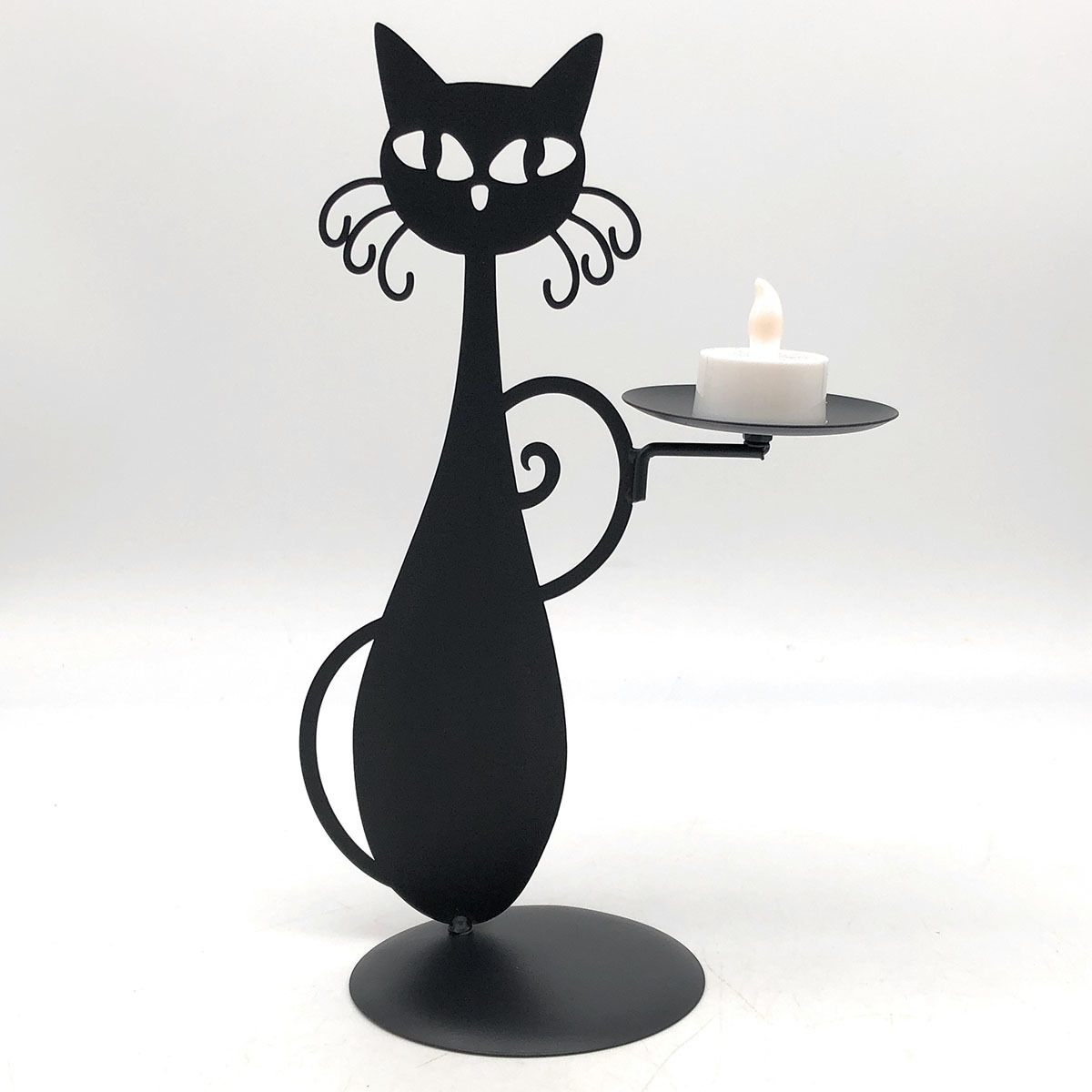 キャンドルスタンド 黒猫 透かしの瞳 長いヒゲとシッポ 円型トレイ 金属製_画像3
