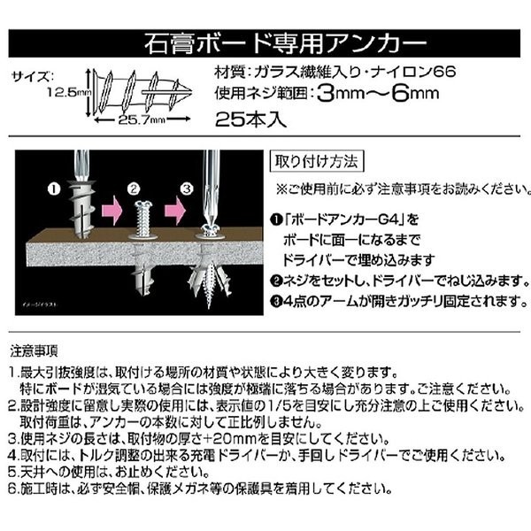 石膏ボード用アンカー YAMASHIN ボードアンカー G4 25本入り 先端先割れ4分割方式 使用ネジ3～6mm 耐震構造 G4-25 山真製鋸_画像6